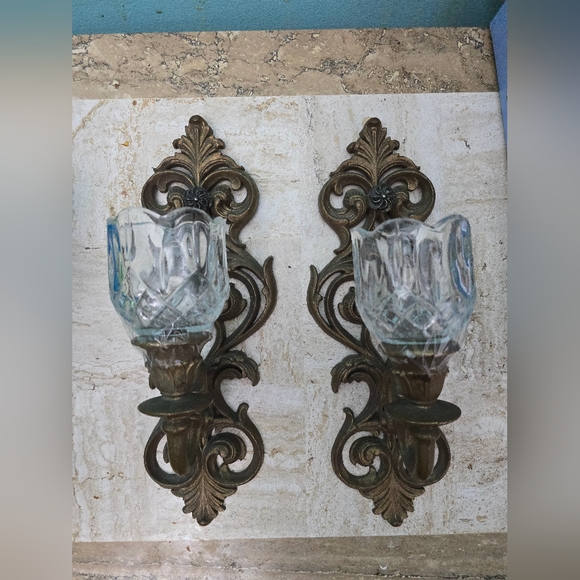 Burwood Other - Vtg Burwood Wall Sconces 2 Ornate Gold/bronze Scroll Candle Holders w/votives